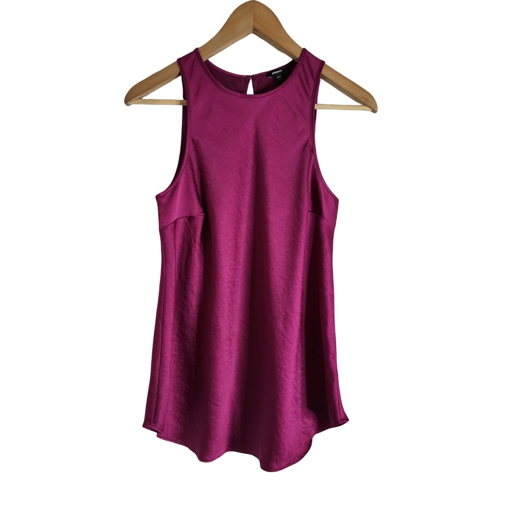 Express Jewel-Tone Magenta Purple Satin High Neck Keyhole Tank Top Blouse Sz S